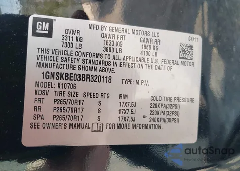 2011 Chevrolet Tahoe Lt z USA, uszkodzony, nr VIN 1GNSKBE03BR320118